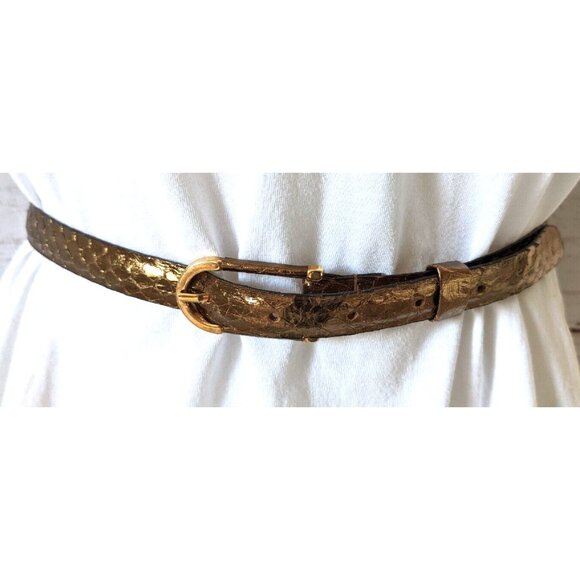 Lot Of Two Women's Skinny Belts Genuine Reptile Leather Blue Gold 5 Holes Size M - Picture 3 of 12